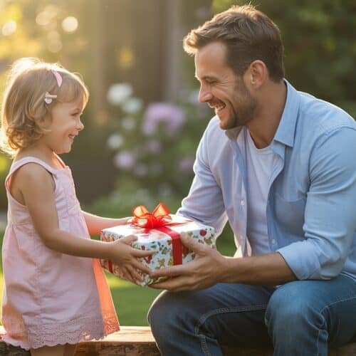 Joyful father giving a gift to daughter outdoors in garden during sunny day.