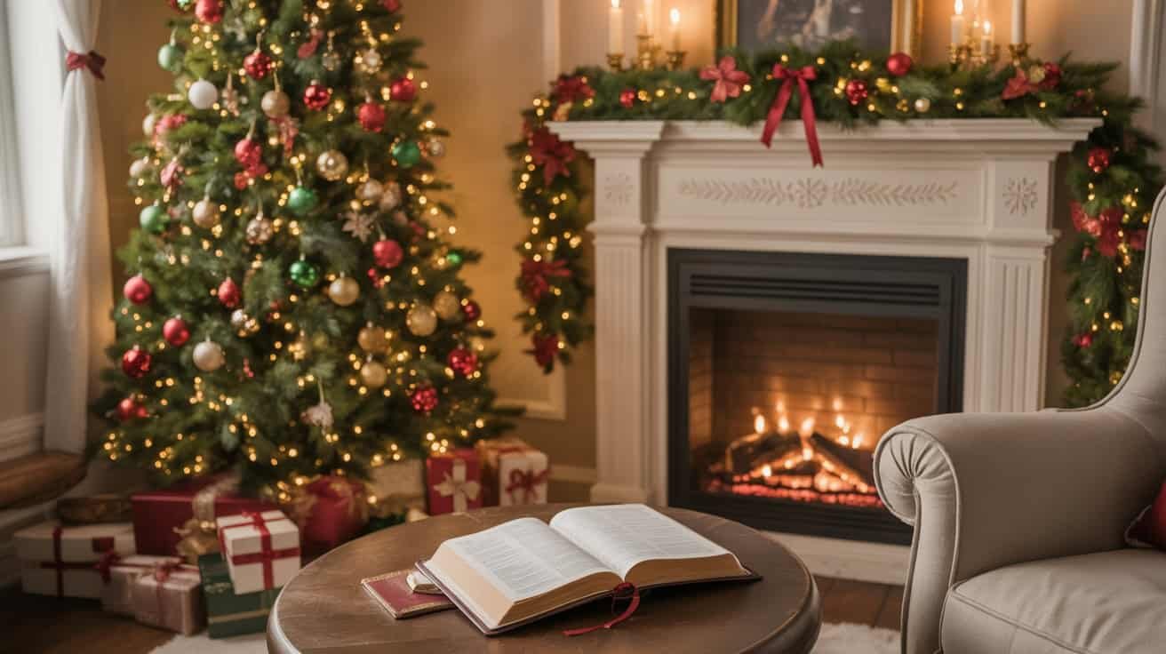 Cozy Christmas living room with decorated tree, wrapped gifts, and a lit fireplace, featuring open Bible on table, perfect for holiday faith and family moments.