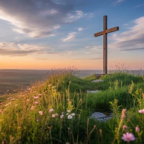 Billy Graham Verse of the Day to Inspire Faith Daily My Bible Song 2026 Cross on grassy hill overlooking sunset landscape, symbol of Christian faith, prayer, hope, and salvation; peaceful scene inspired by biblical themes for religious worship and spiritual reflection.