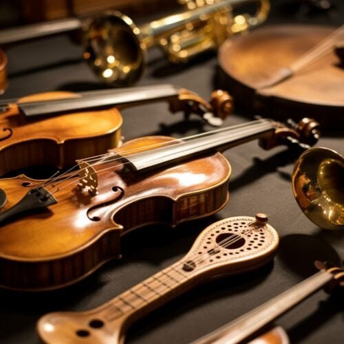 Discover the Beauty of Historical Musical Instruments Through Time My Bible Song 2026 Violin, trumpet, and musical instruments set on black background for Christian music, praise songs, and hymn recordings at My Bible Song.