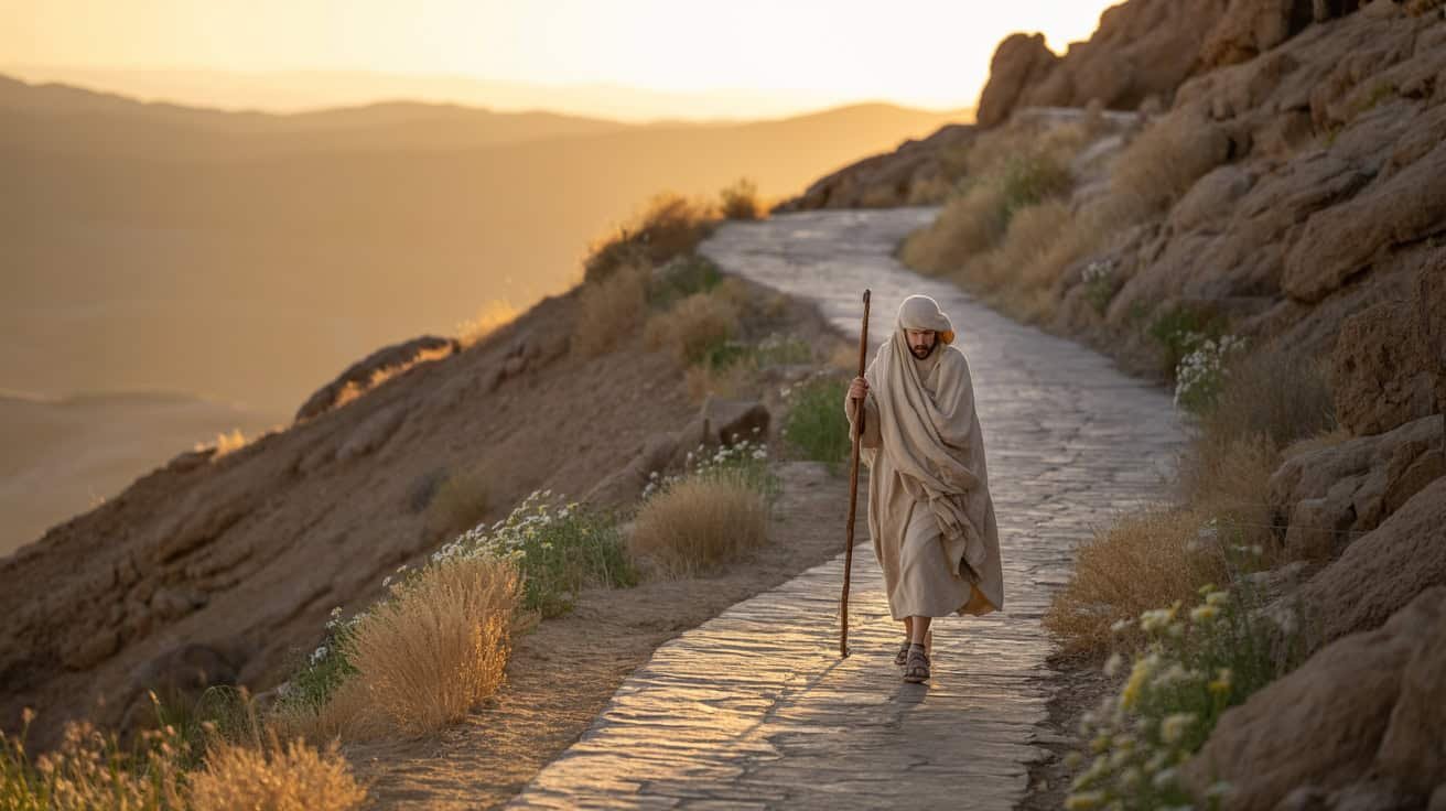 Walking Jesus Christ on a rocky hillside at sunset in biblical attire, carrying a staff, peaceful spiritual scene, religious pilgrimage, outdoor sacred journey, biblical landscape, faith-inspired imagery.