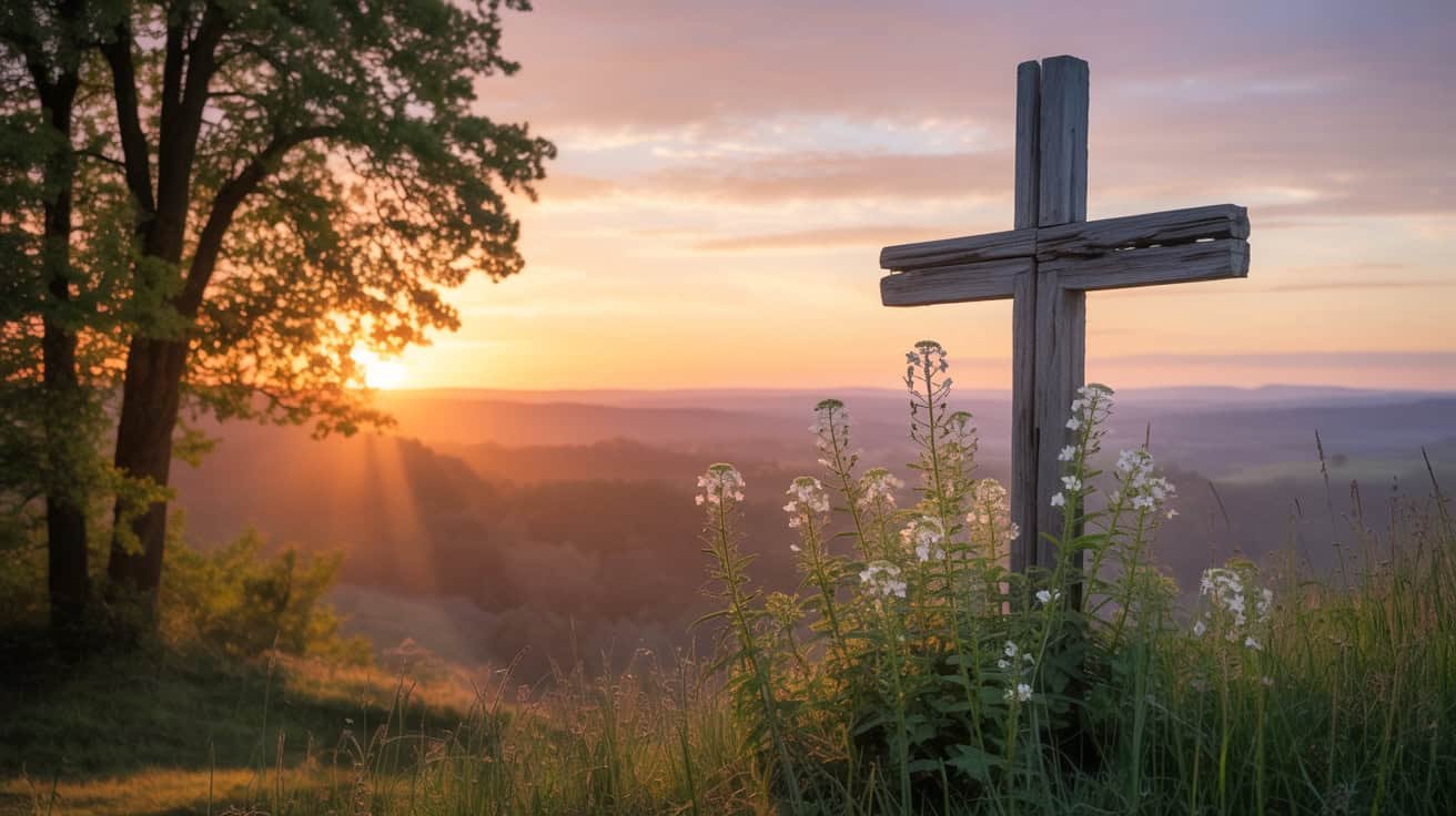 Peaceful sunrise over a hillside with a wooden cross and white flowers symbolizing faith and spirituality.