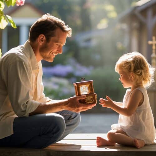 Handing an ornate keepsake box to a young girl on a porch surrounded by blooming flowers, symbolizing love, faith, and treasured family moments.
