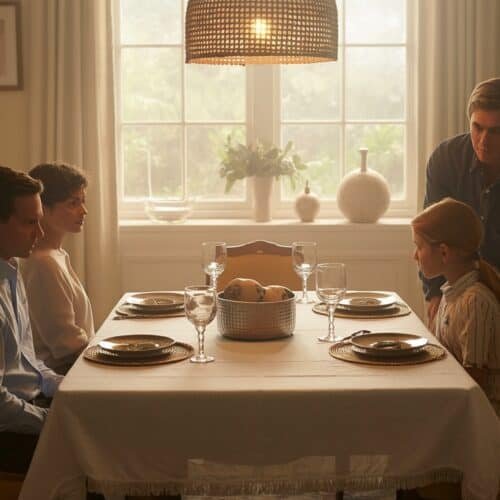 Reflective family prayer time at the dinner table, emphasizing faith and togetherness, with soft natural lighting and warm home decor, perfect for Christian family values and spiritual connection.