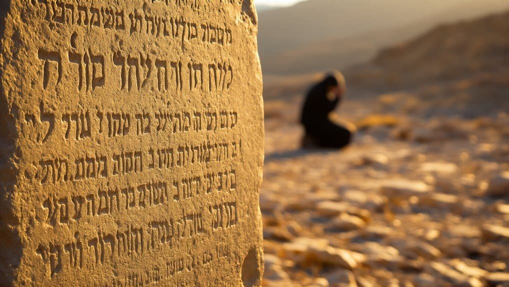 Ancient Hebrew scripture engraved on stone with a prayerful setting and a person praying on the beach during sunset, symbolizing faith and spirituality.