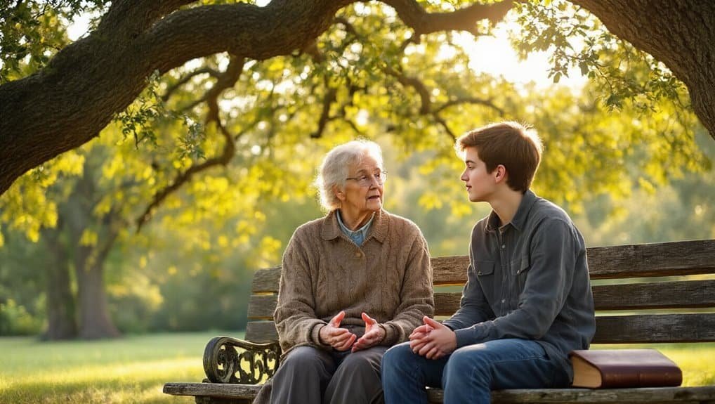 What Does Bible Verse 4:20 Teach Us? Meaning and Life Lessons My Bible Song 2026 Comforting elderly woman and young man having meaningful conversation on park bench, symbolizing faith, wisdom, and spiritual guidance, in warm sunlight.