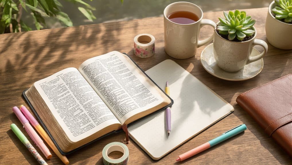 Bible study materials on a wooden table, with an open Bible, study notebook, colorful pens, tealight, succulent plants, and a warm beverage, creating a peaceful environment for spiritual reflection and prayer.