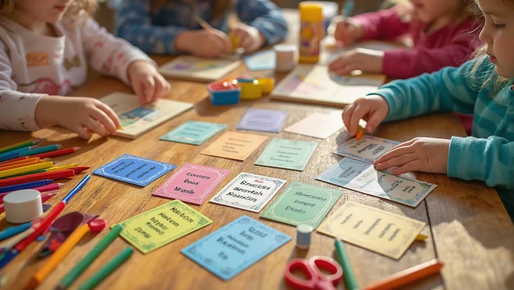 Colorful Bible study flashcards and children engaging in a group activity for kids' biblical education and learning.
