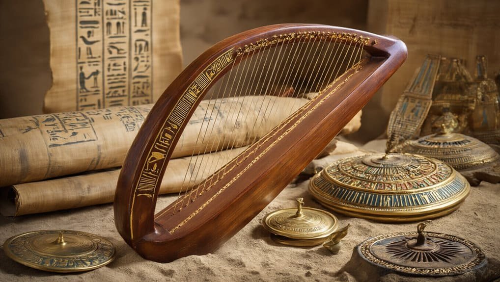 Intricately carved wooden harp with ancient Egyptian scrolls and hieroglyphs, surrounded by golden artifacts, creating a historical and spiritual ambiance for biblical songs and worship.