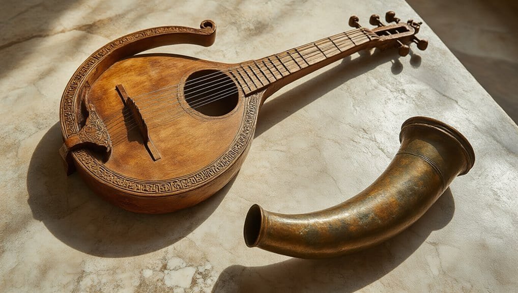 A wooden lute and a brass horn placed on a beige marble surface, representing traditional musical instruments for worship and praise in Christian worship settings.