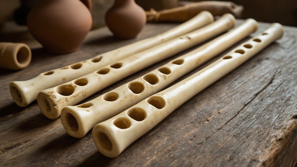 Ancient clay flutes on rustic wooden surface, highlighting traditional musical instruments used in biblical times for worship and storytelling. Perfect for exploring biblical history and cultural heritage.