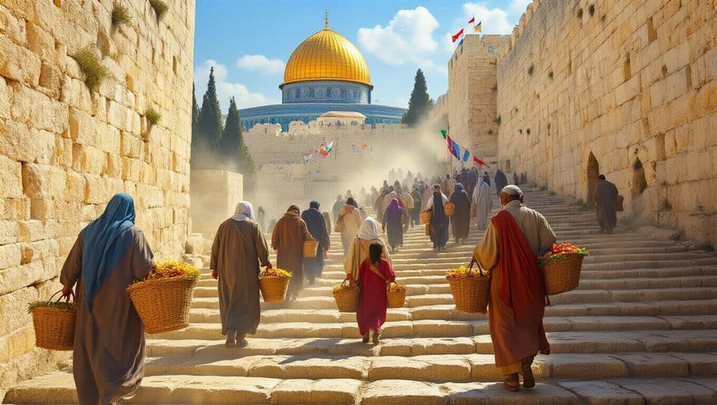 Ancient biblical site with pilgrims ascending Holy City stairs towards the Dome of the Rock, Jerusalem, Israel, representing faith, worship, and biblical history.