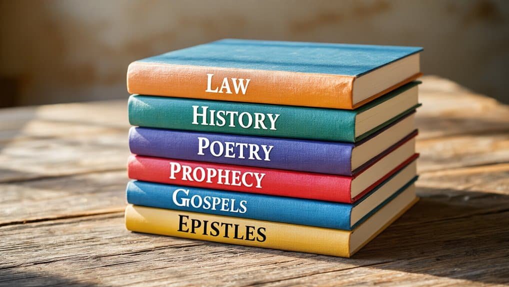 Colorful stack of books on biblical topics including law, history, poetry, prophecy, gospels, and epistles, on a wooden table, representing Christian education and spiritual growth.