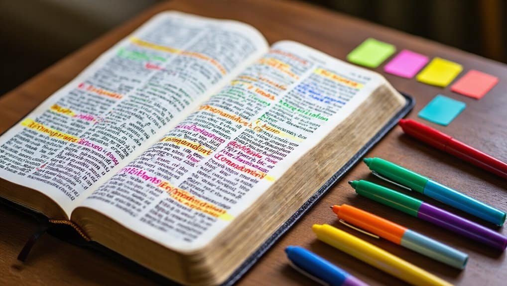 Color-coded Bible with highlighted verses and sticky notes, symbolizing Christian studies and worship from My Bible Song platform.