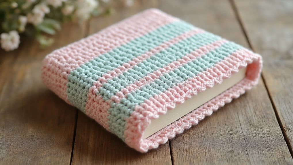 Handmade crochet Bible cover in soft pink and mint green, protecting your sacred scriptures with a cozy, stylish touch. Perfect for Bible journaling and devotion time.