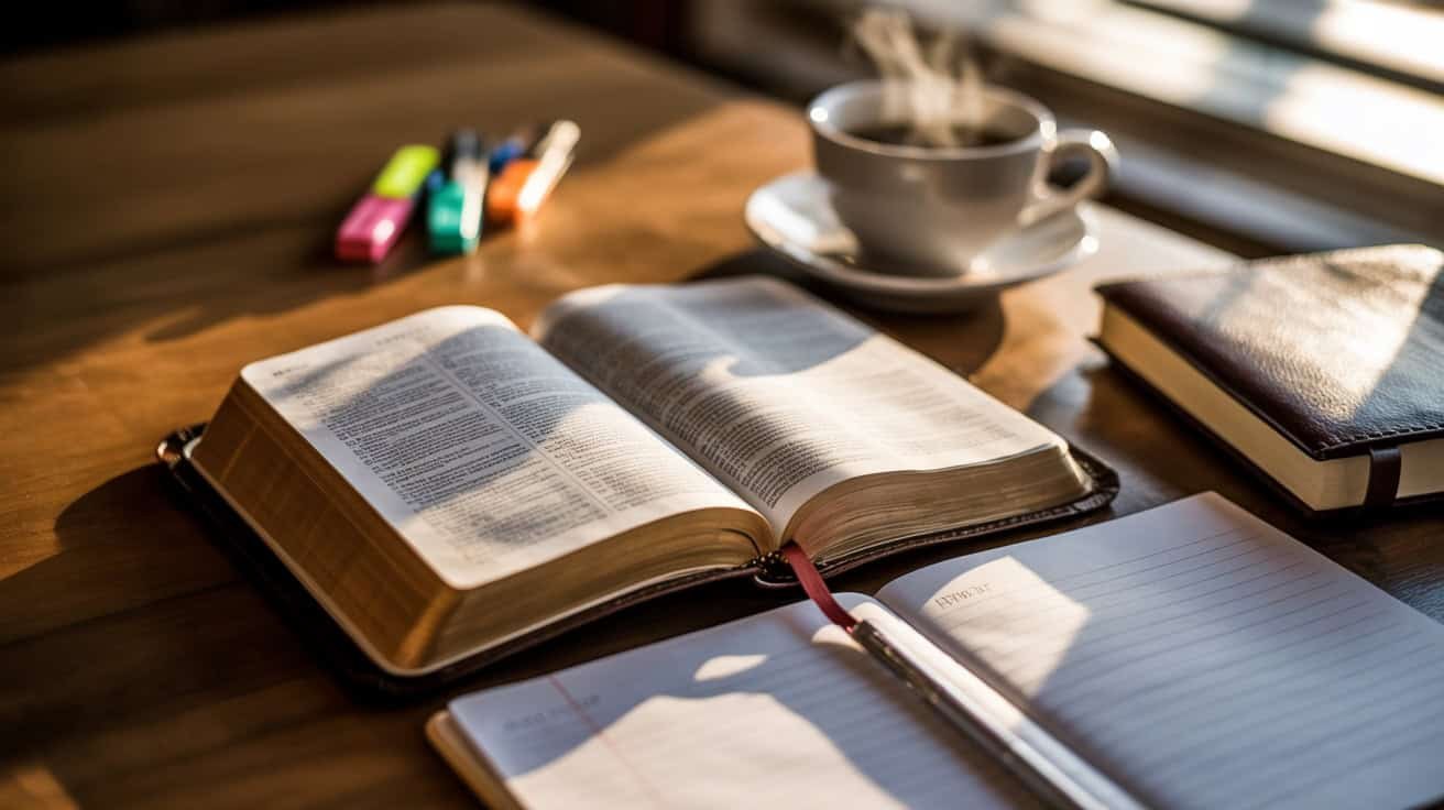 Open Bible with highlighted scripture, coffee, notebooks, and colorful pens on a wooden table for spiritual study and worship.