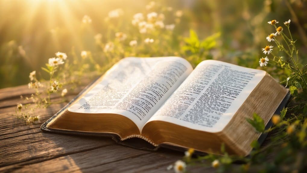 Open Bible on rustic wooden surface with blooming daisies and warm sunlight, symbolizing faith, spirituality, and devotion, ideal for Christian worship and prayer.