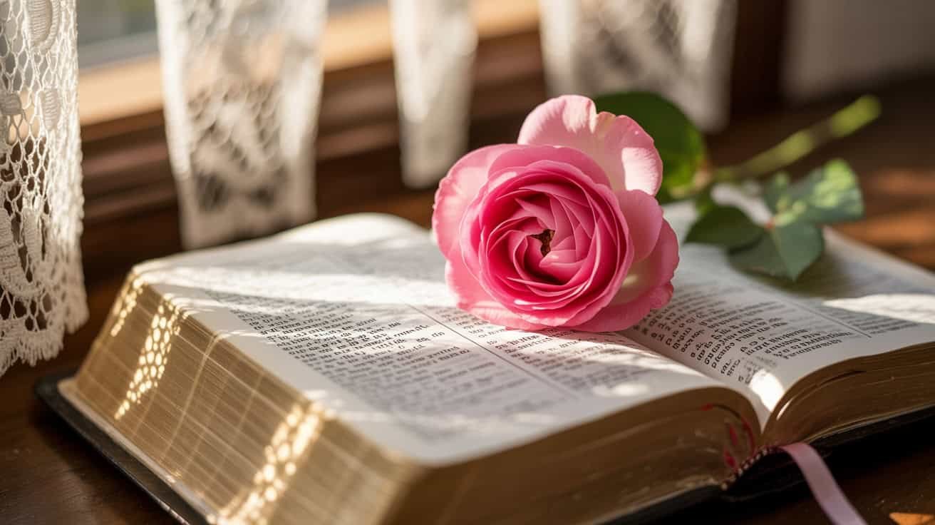 Pink rose resting on an open Bible with sunlight streaming through lace curtains, creating a peaceful and spiritual scene for Christian worship and praise.