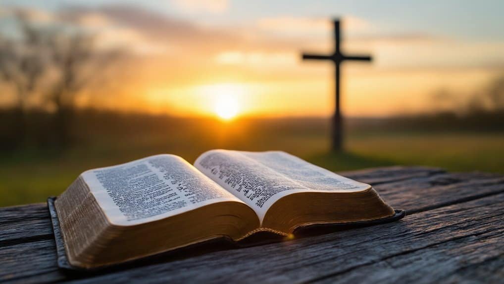 Bible open on rustic table during sunset with cross in background, symbolizing faith and God's word.