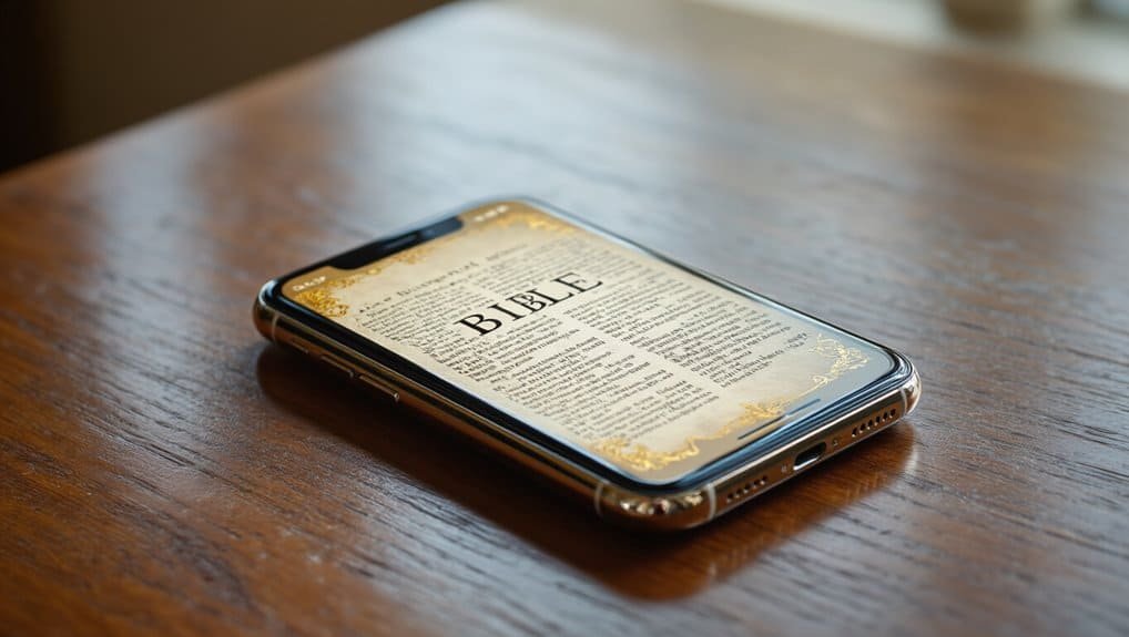 Bible mobile app on smartphone displaying scripture, religious reading, faith, spiritual growth, Christian devotion, Bible study, portable Bible, online scripture.