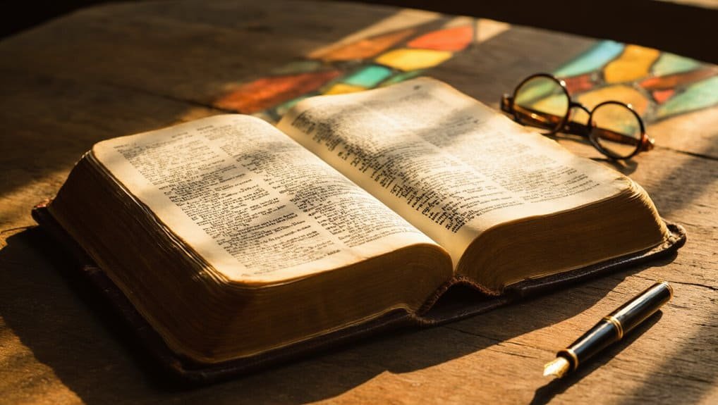 Open Bible on wooden table with colorful stained glass reflections, reading glasses, and a pen, emphasizing faith, scripture study, and spiritual growth.