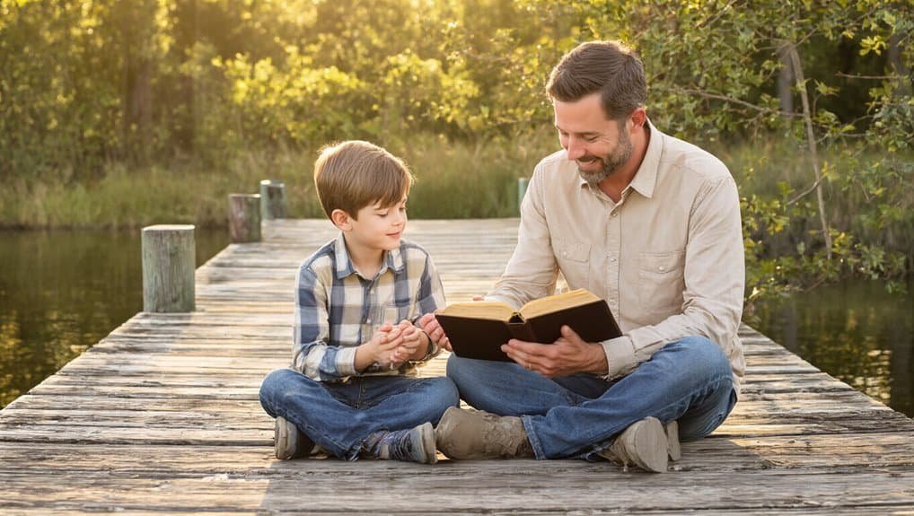 Bible reading with a child and father on a wooden dock at sunset, highlighting faith, family, and spiritual growth.