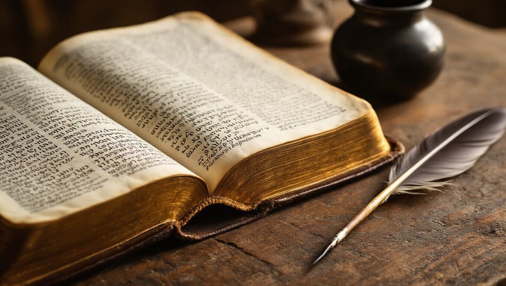 Old Testament Bible open on wooden table with quill pen and ink pot, highlighting biblical scriptures.