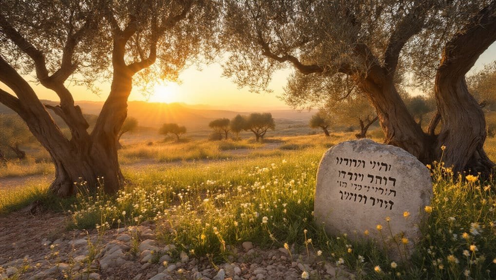 Peaceful biblical garden scene with ancient olive trees at sunset, featuring a stone engraved with Hebrew scripture, ideal for Christian worship, prayer, and Bible study related to My Bible Song.