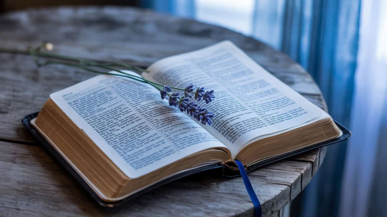 Open Bible with purple lavender flowers on rustic wooden table, symbolizing faith and devotion for Christian worship and prayer.