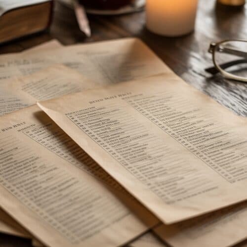 Bible study sheets on a rustic wooden table with glasses, a pen, and a candle, inspiring devotion and Christian worship.