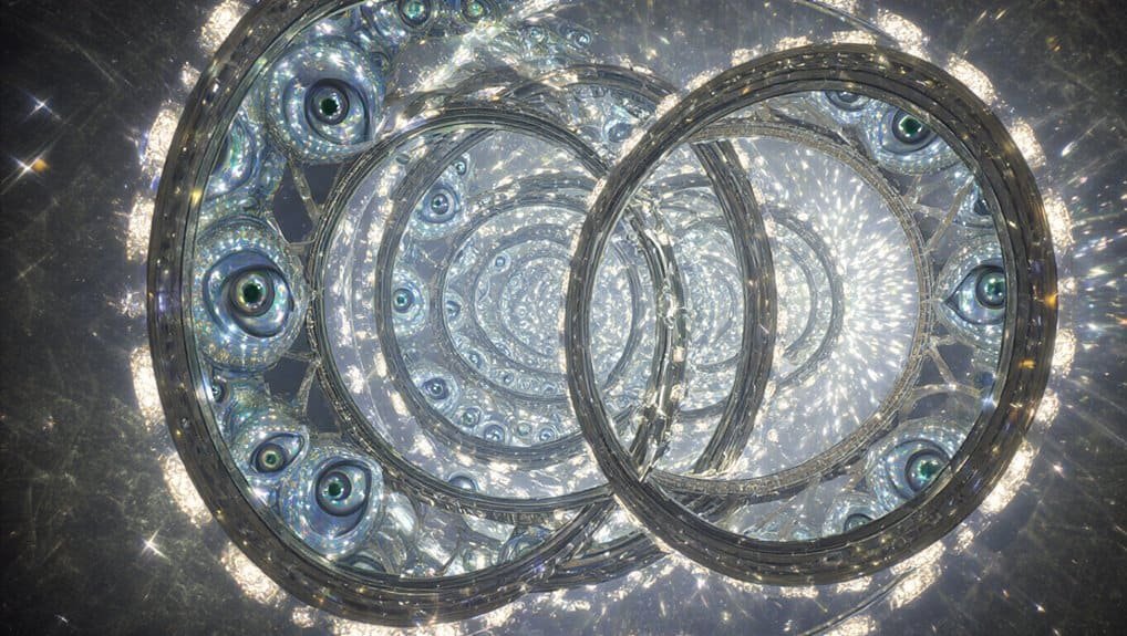 Bright crystal circular objects with eye-like details creating a mesmerizing, reflective pattern, perfect for promoting spiritual songs and Christian music resources.