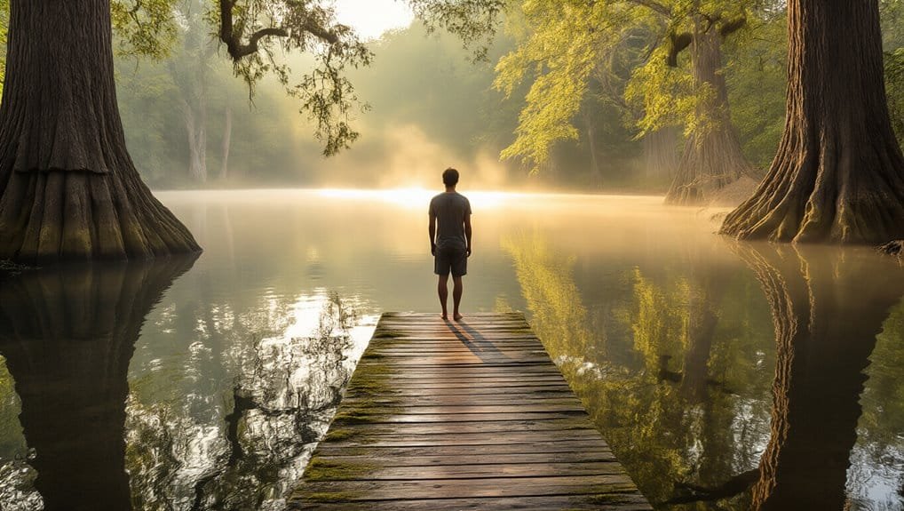 Young man standing on a wooden dock over a calm lake surrounded by large trees during sunrise, creating a peaceful and spiritual atmosphere for prayer and reflection.