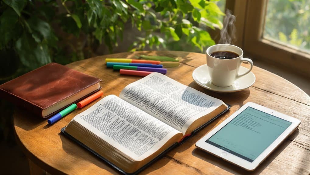 Bible study setup with open Bible, colorful pens, coffee cup, and digital device on wooden table, outdoors, ideal for spiritual growth, worship, and Christian learning.