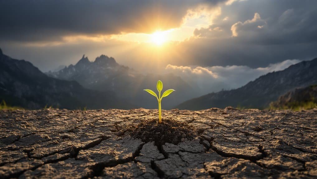 What Does Bible Verse 3:15 Teach About Faith? My Bible Song 2026 Vibrant green sprout growing through cracked dry earth with a dramatic mountain landscape and sunrise in the background, symbolizing hope, renewal, and faith in God from My Bible Song.