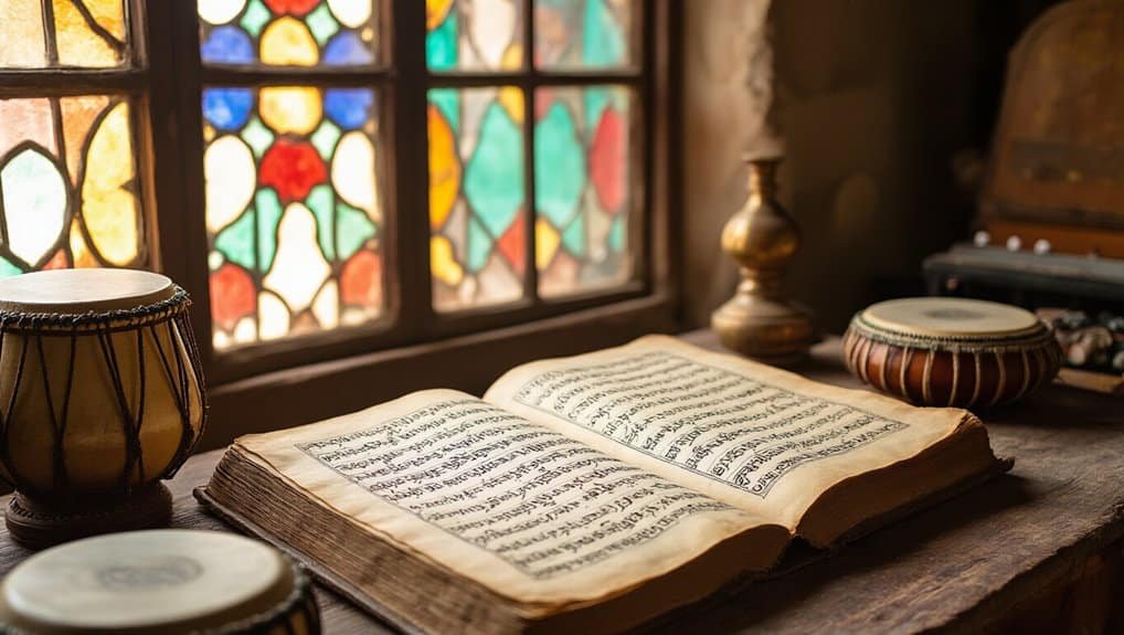 Vintage Bible open with musical instruments on a wooden table near colorful stained glass window, emphasizing Christian worship, faith, biblical music, and spiritual devotion.