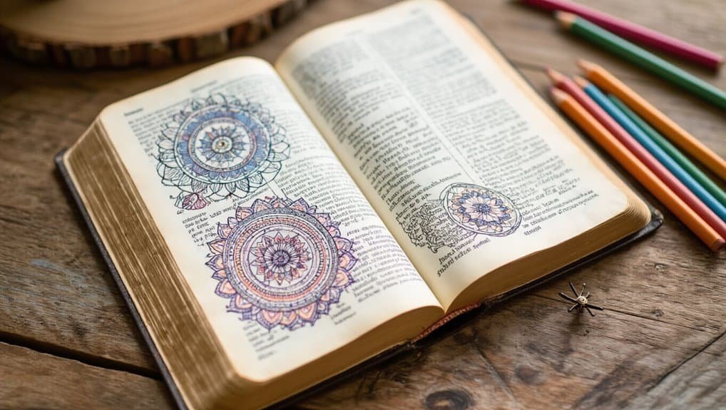 Colorful Christian coloring pages inside a Bible open on a rustic wooden table with colored pencils nearby, representing faith and scripture engagement for Bible study and worship.