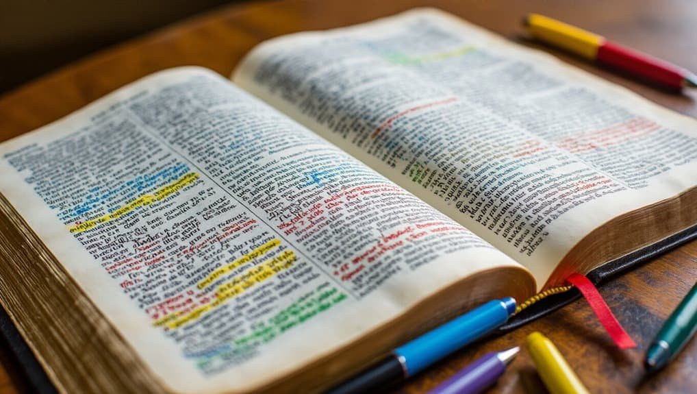Open Bible with highlighted scriptures on a wooden table, surrounded by colorful pens, showcasing Bible study and devotional reading.