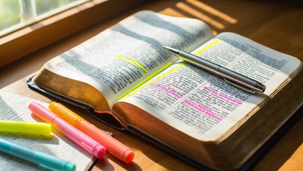 Bible study open with highlighted scripture, colorful markers, and a pen, emphasizing devotional and spiritual growth through My Bible Song resources.