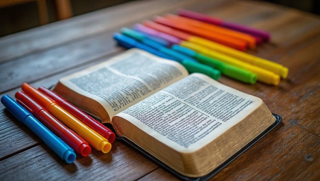 Colorful highlighters and an open Bible on a wooden table, emphasizing creative Bible study and Christian worship.