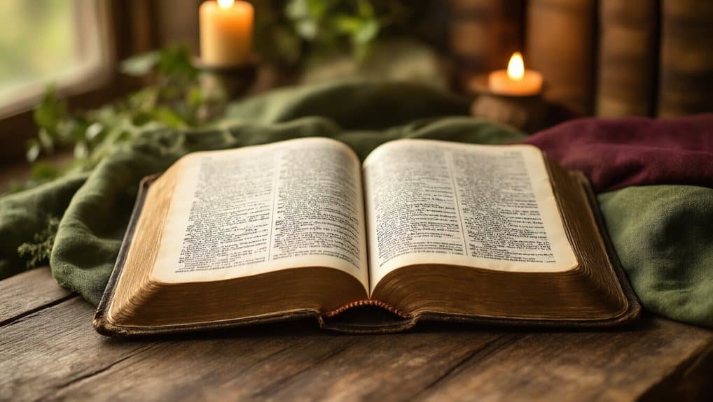 Beautiful Bible Aesthetic Pictures for Faith Inspiration My Bible Song 2026 Bible open on wooden table with candles, hymn, green fabric, and sunlight, symbolizing faith and worship.