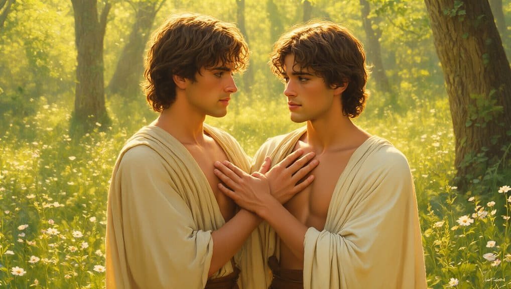 Two young men dressed in biblical robes sharing a tender moment in a lush, sunlit forest setting, emphasizing love and compassion inspired by biblical themes.