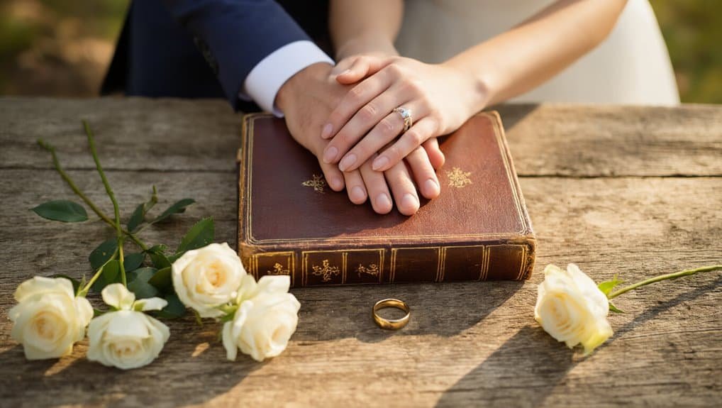 Powerful Bible Verses About Love for Daily Life My Bible Song 2026 Hand in hand on a Bible, symbolizing love and faith, with wedding rings and flowers, representing a Christian wedding or vow renewal, emphasizing spiritual commitment and devotion.