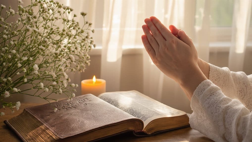 Prayerful woman praying with open Bible, lit candle, and flowers at a peaceful window setting, emphasizing faith, devotion, and scripture reading in a spiritual or religious context.