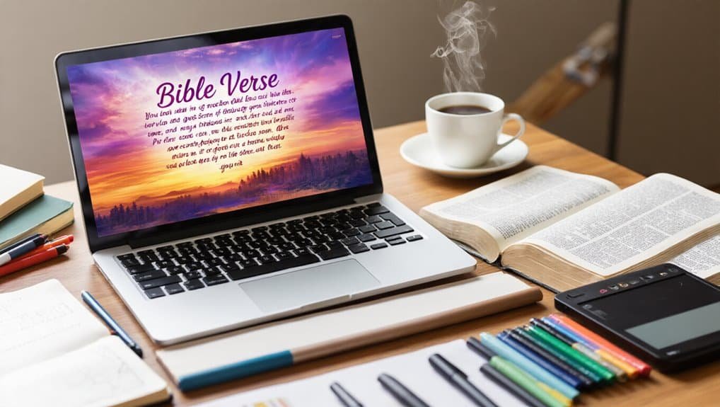 Bible verse on laptop screen with sunrise background representing Christian faith and online Bible resources.