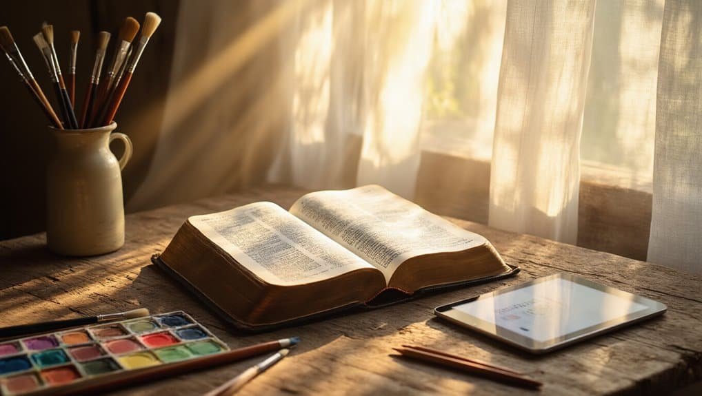 Beautiful Bible Aesthetic Pictures for Faith Inspiration My Bible Song 2026 Open Bible on rustic wooden table with watercolor paints and tablet, illuminated by natural sunlight through sheer curtains, representing faith-based digital and paper resources for Christian worship and study.