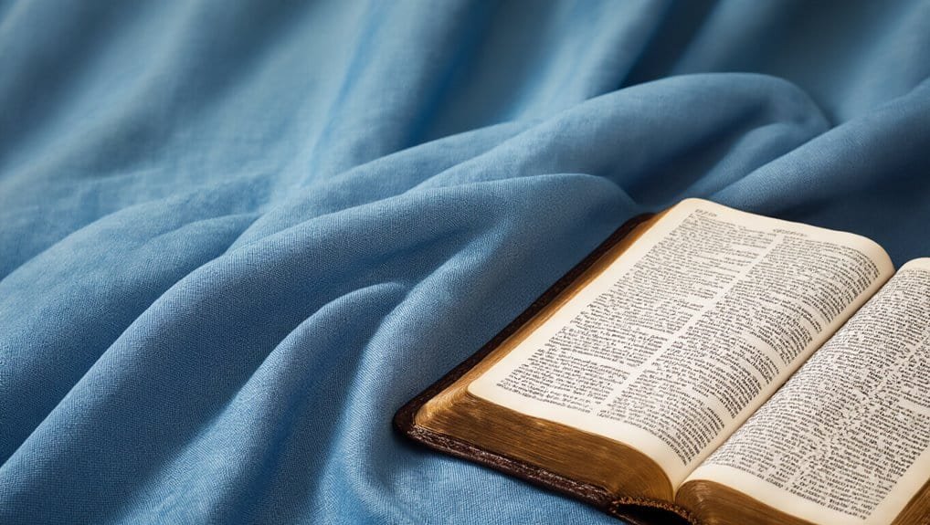 Bible open on blue fabric, religious worship, Christian scripture, spiritual study, sacred text, religious devotion.