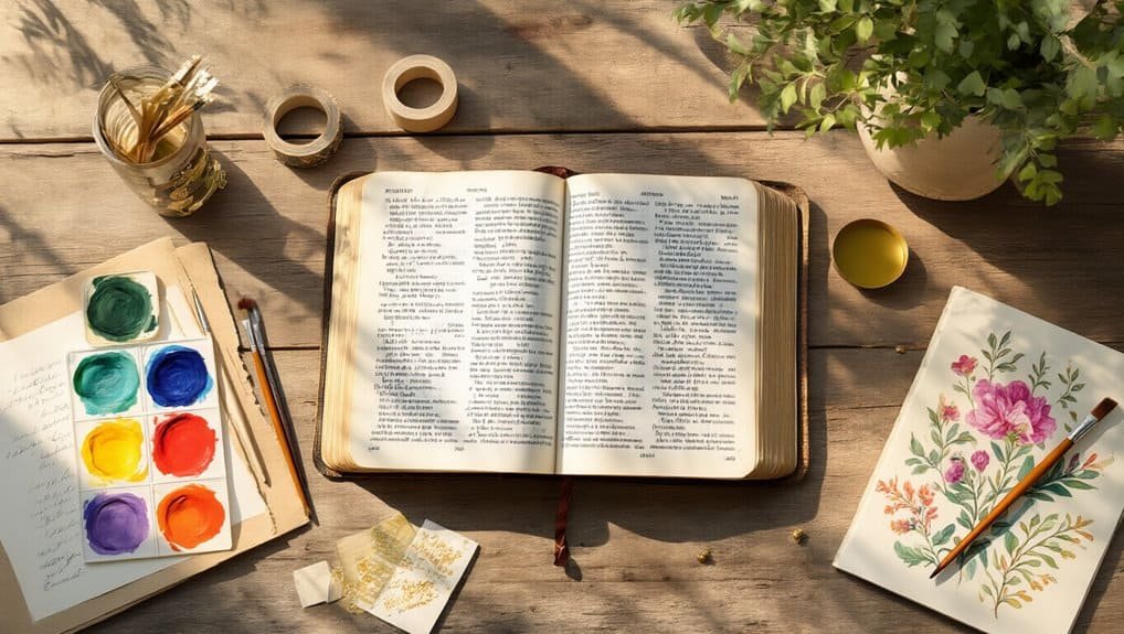 Bible open on wooden table with art supplies, watercolor paints, and a potted plant, creating a serene worship and devotional scene, perfect for Christian faith, prayer, and hymn inspiration.