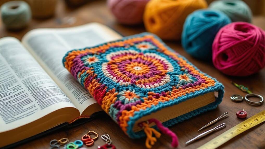 Colorful crocheted Bible cover on open religious book with knitting supplies, yarn balls, and sewing tools, highlighting faith and creativity, perfect for Christian craft or Bible study inspiration.
