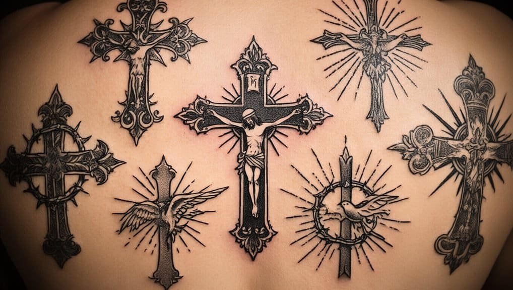 Cross tattoos featuring Jesus and angel illustrations for spiritual faith and Christian devotion. Unique ink art inspired by biblical themes, perfect for Bible-inspired body art and religious symbolism.