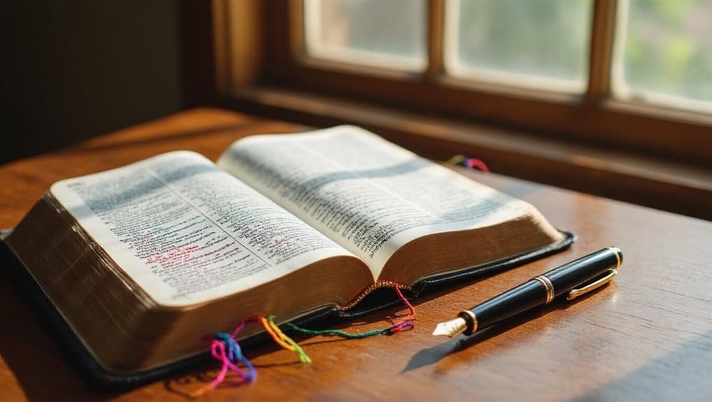 Open Bible on wooden desk with colorful ribbons, illuminated by natural sunlight from window, symbolizing faith, prayer, worship, and Christian inspiration for religious study and spiritual growth.